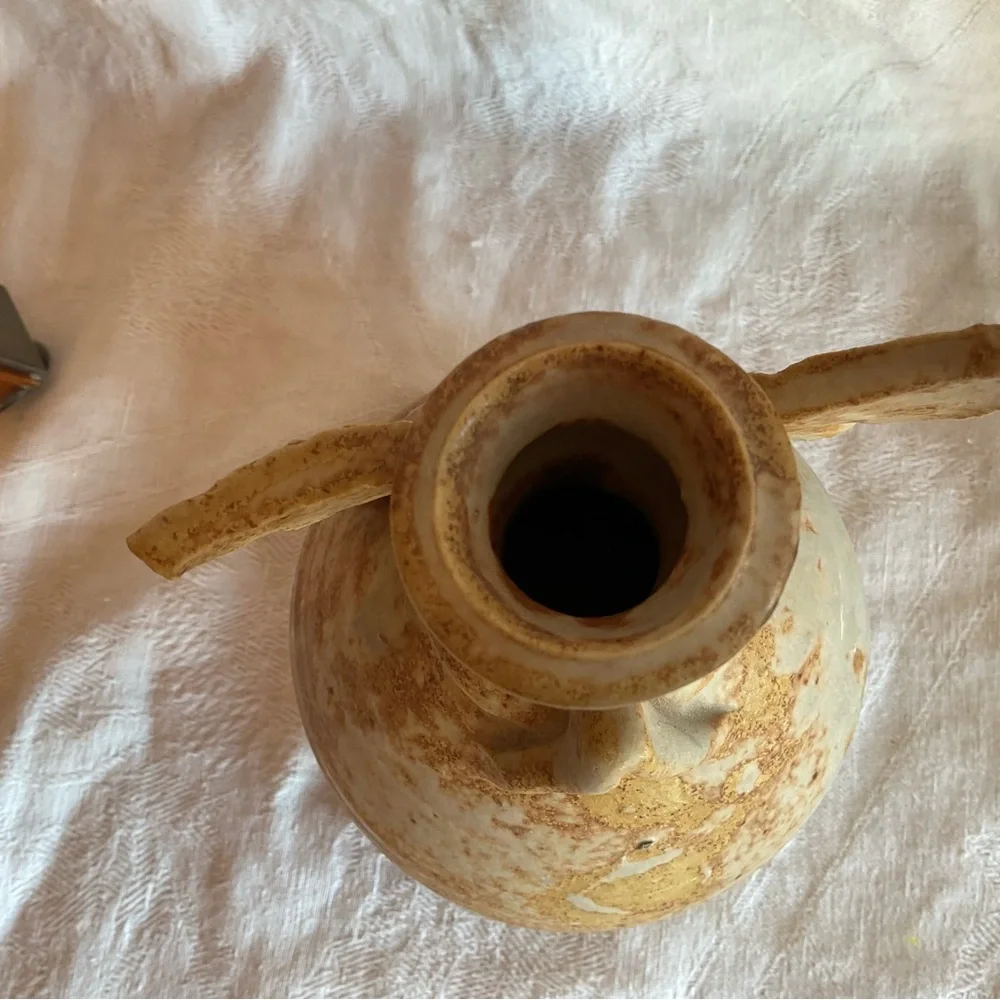 pottery angel oil lamp W/Original wick glazed in earthy brown tones Signed